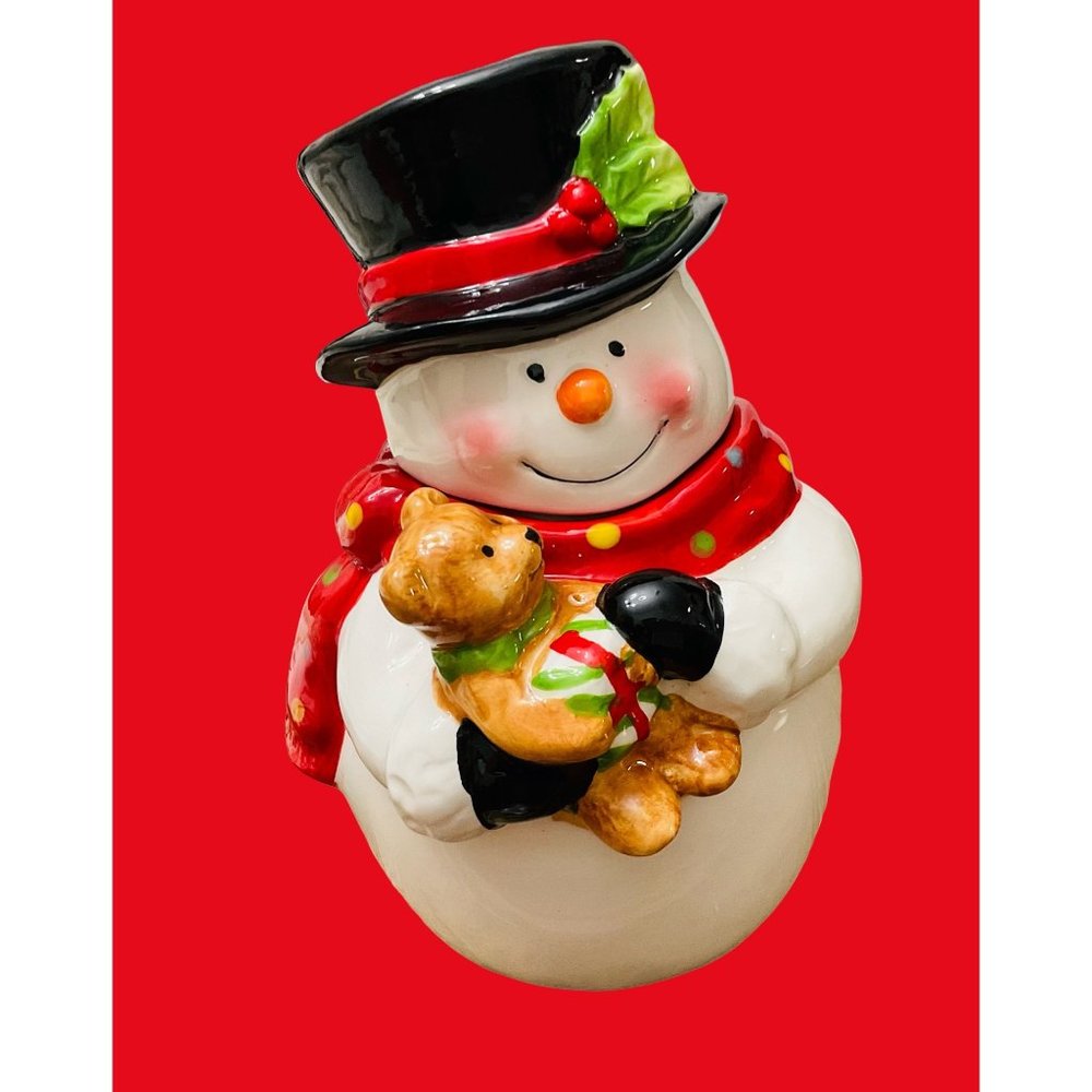 Sleigh Bell Bistro Ceramic Snowman Holding Teddy Bear Cookie Jar